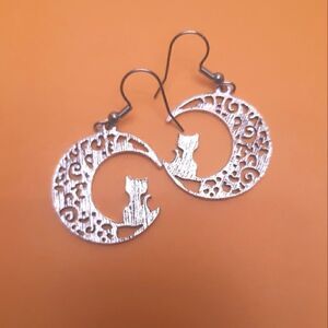 Silver Crescent Moon Kitty Cat Stainless Steel Hook Earrings